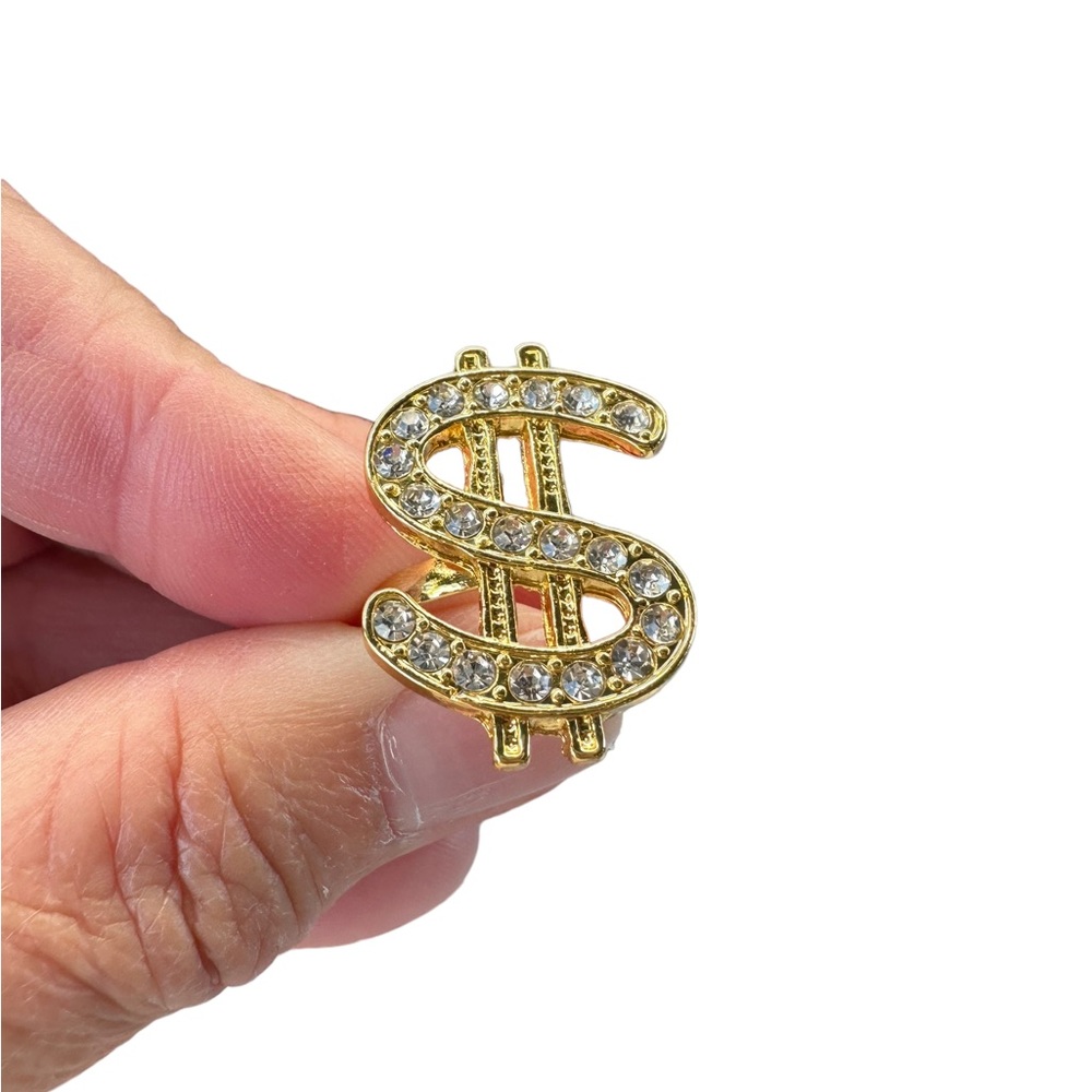 Gold and Rhinestone Dollar Sign Adjustable Ring - Picture 4 of 5